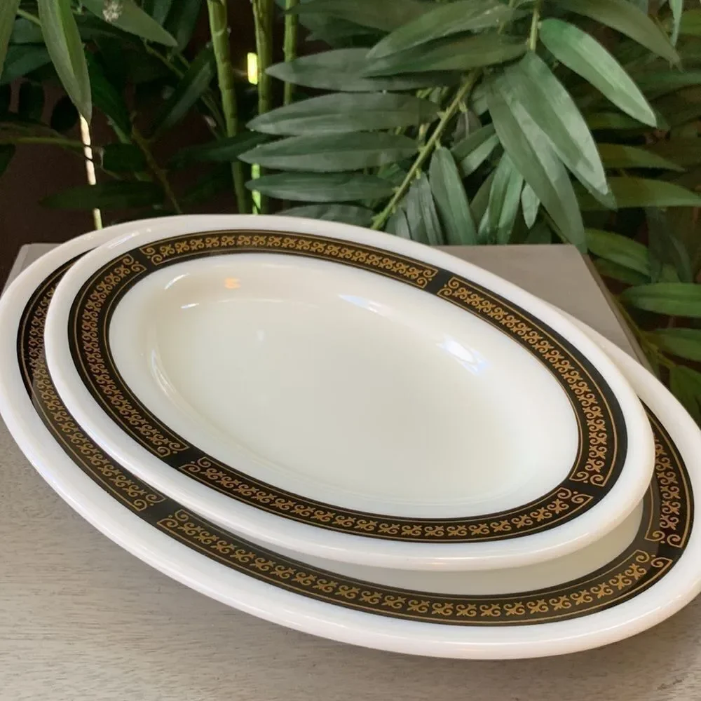 2 Pyrex Serving Plates Gold & Black Fleur De Lis Pattern Trim on White Ceramic